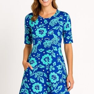 All For Color Floral UPF50 Birds of a Feather Peacock Small Dress Blue Resort